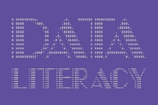 Darstellung des Schriftzugs "Data Literacy" als ASCII-Art auf lila Hintergrund.