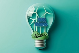 Glühbirne mit Windrädern, Solarpanel und Pflanzen als Symbol für erneuerbare Energien.